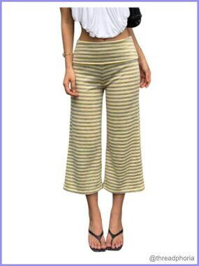 Striped Fold Over Flare Capri Pants Y2K Low Rise Wide Leg